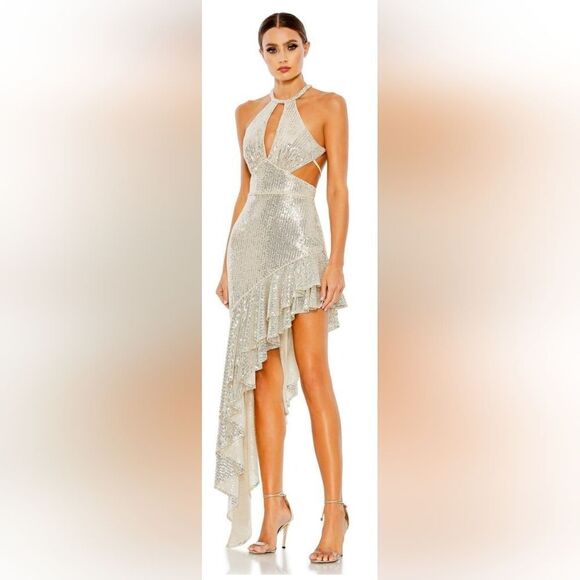 Mac Duggal 11274 Sequined Halter Cut Out Ruffle Asymmetrical Dress NWT sz 6 Nude - Picture 1 of 6